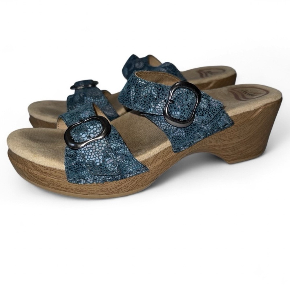 Dansko Sophie Sandals 39 US 8.5 9 Blue Teal Leather Buckle Wedge Comfort Shoes